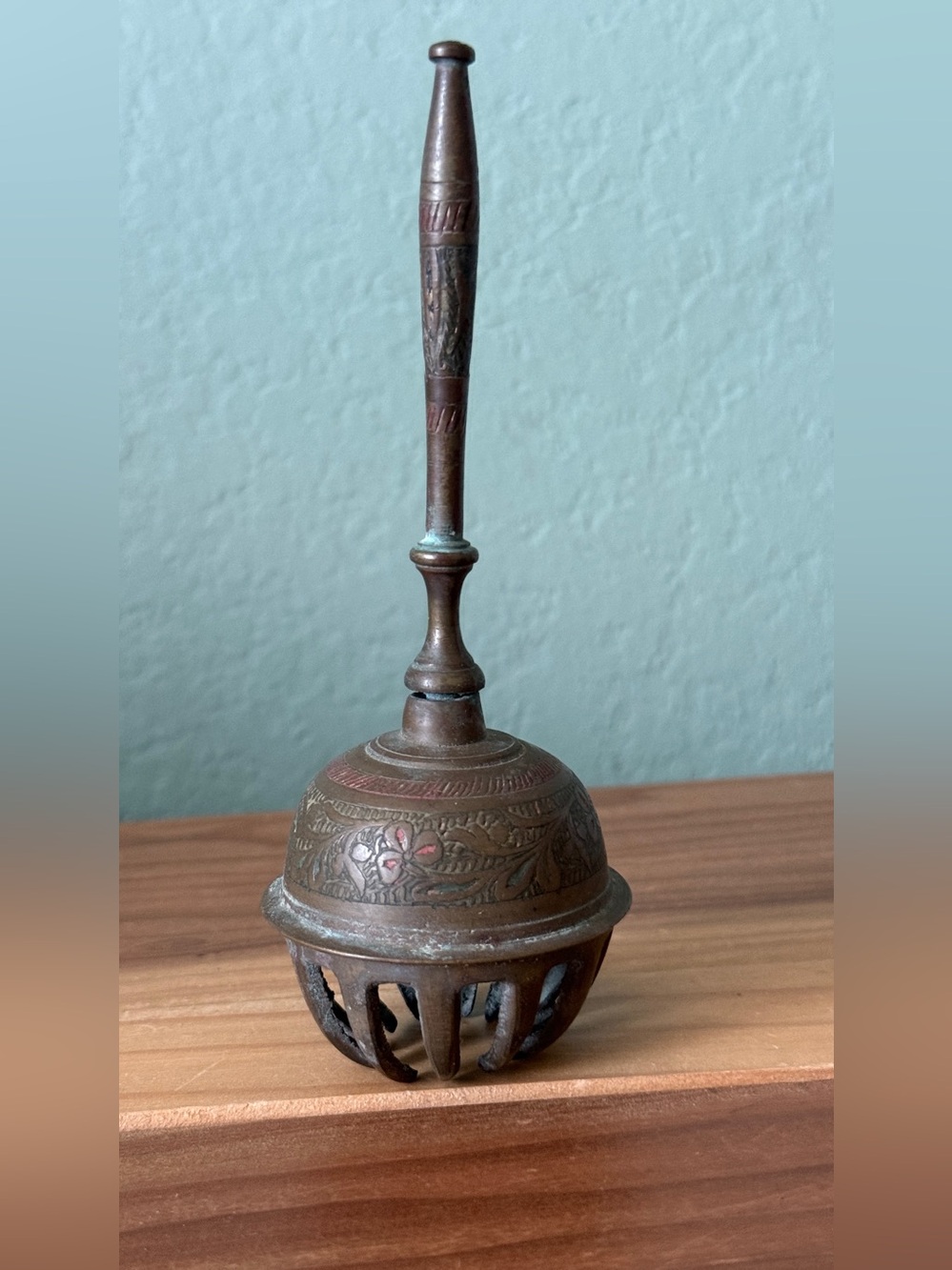 Vintage Indian Brass Elephant Claw Prayer Bell Floral Etched 6” Hand Bell